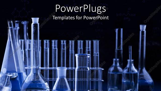  Presentation with flasks - Science research laboratory with test tubes, vials, flasks in blue with black background