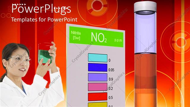  Presentation with lab safety - Scientist in white lab coat and safety goggles examining container of fluid next to color chart and test tube