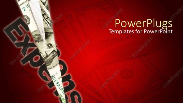  Presentation with cut - Scissors cutting through dollar bills with glowing text EXPENSE