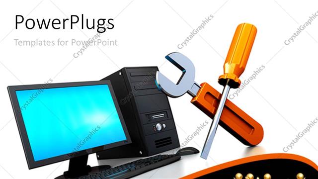  Presentation with screw driver - A screw driver and a wrench with computer in the background