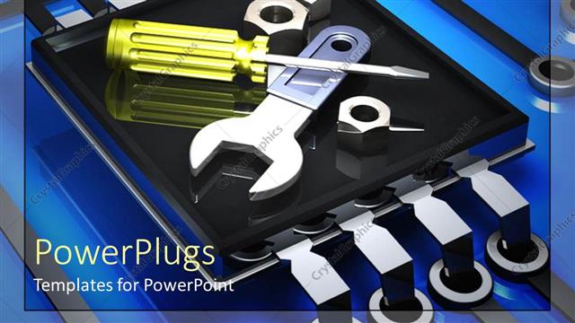  Presentation with blue - Screwdriver and wrench is placed on microchip with blue background