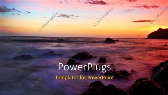  Presentation with rocks - A sea wih a number of rocks and sunset in background