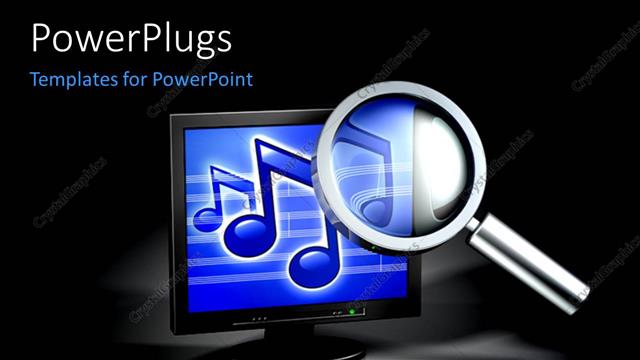  Presentation with computer music - Search glass over computer screen showing music symbols