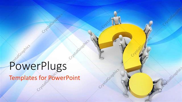  Presentation with decision - Seven 3d human characters holding up a yellow question mark