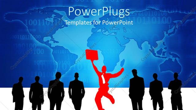  Presentation with global red - Seven black silhouettes of business men and red silhouette of business man with suitcase jumping with world map on blue background