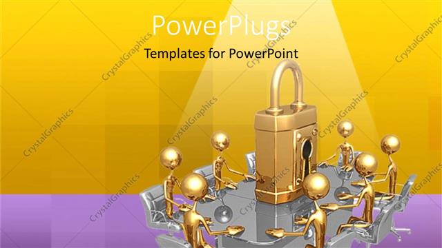  Presentation with padlock - Seven brass figures seated in meeting with huge padlock on table