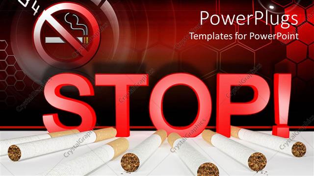  Presentation with cigarettes - Seven cigarettes and 3D red stop sign with no smoking sign in the top left corner on red cells background