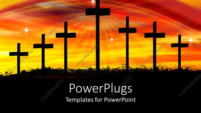  Presentation with religion - Seven crosses with stars and a bright shinning sunset light