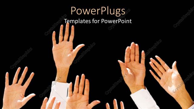  Presentation with black hands - Seven different hands raised up over a black background