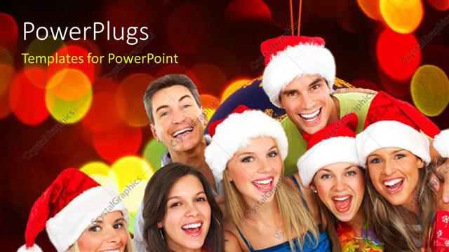  Presentation with celebrate - Seven people wearing Christmas caps smiling happily