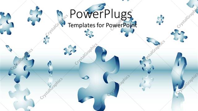  Presentation with falling jigsaw pieces - Several blue jigsaw puzzle pieces falling over white floor