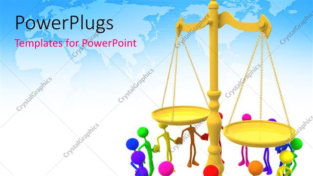  Presentation with balance scale - Several figures in various colors joining hands around golden balance scale