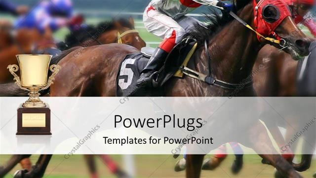  Presentation with trophy green - Several horses racing in green field with trophy in background