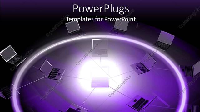  Presentation with networking - Several open laptops connected by lines suggesting networking on purple ring