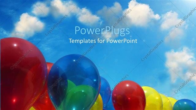  Presentation with heart clouds - Several red blue yellow colored balloons light blue sky with heart shape clouds