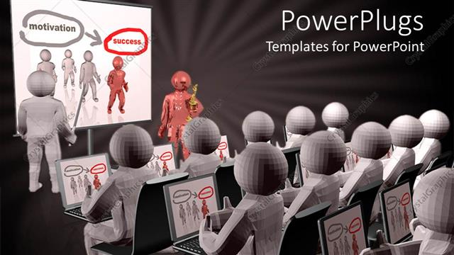  Presentation with leader - Several red and Silver?colored 3D human characters with laptops?