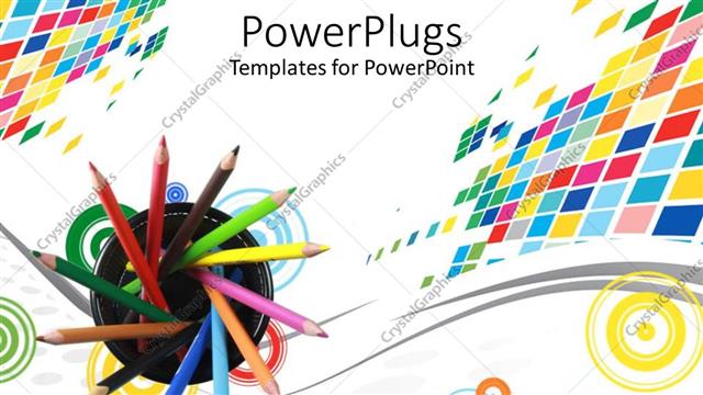  Presentation with shapes - Sharpened colored pencils in a container over colorful shapes on white background