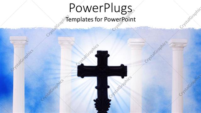  Presentation with heaven - Shining silhouette of cross with architectural columns on either side