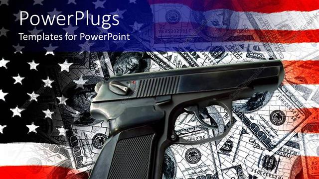  Presentation with law - Short black gun on lots of dollar bills and an american flag