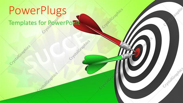  Presentation with target - Red and green tailed darts stuck in bulls eye of success target