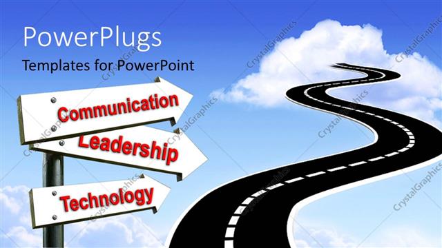 Presentation with communication - Road sign leading to communication Leadership and technology over blue sky