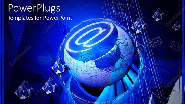  Presentation with satellite - At sign in globe with satellite dishes and envelopes on blue background