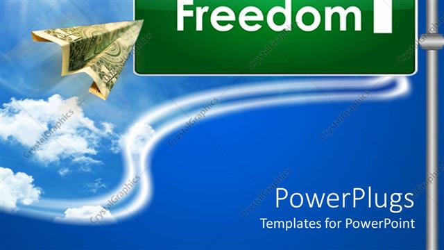  Presentation with blue financial - Sign post with financial freedom and arrow pointing ahead and paper plane made of dollar bill flying to signpost over bright blue sky background