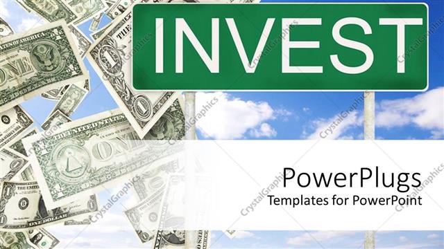  Presentation with invest - Sign post with invest word and dollar bills on blue sky background
