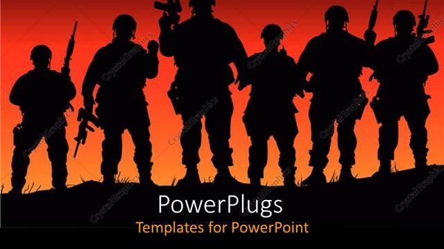 Presentation with hill - Silhouette of armed uniformed soldiers on hill with sunset red orange background
