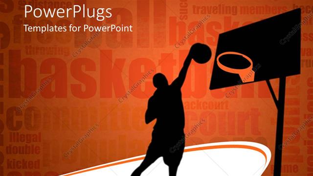  Presentation with related - Silhouette of basketball player throwing ball in the hoop bastetball related words on orange background