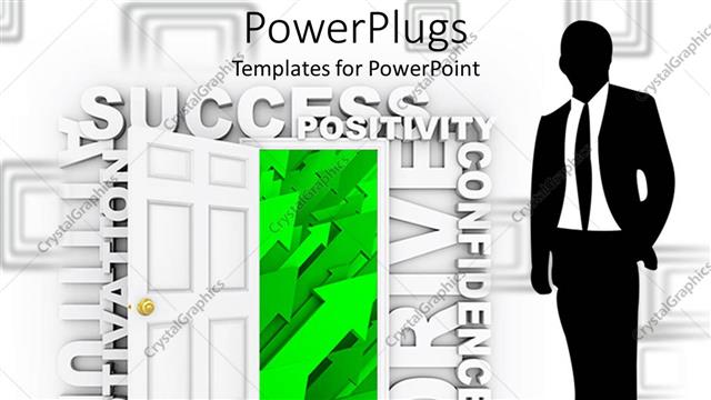  Presentation with displaying - Silhouette of business man near open door displaying green arrows and surrounded by word cloud of success, positivity, confidence, motivation, persistence, vision, attitude, drive