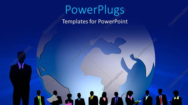  Presentation with business people silhouette - A silhouette of business men and women with a globe behind them