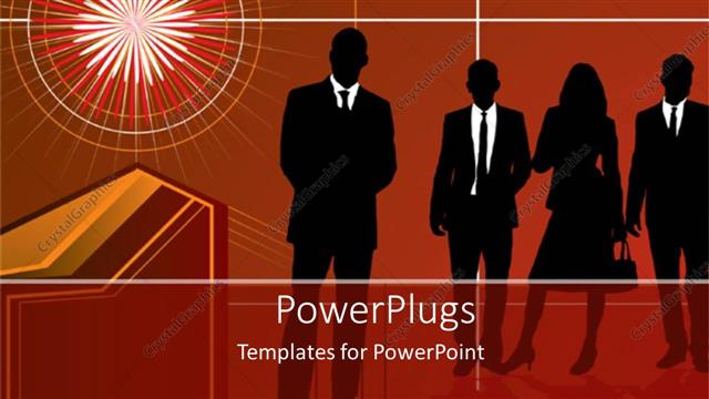  Presentation with women leadership - Silhouette of business men and women, light burst, red background