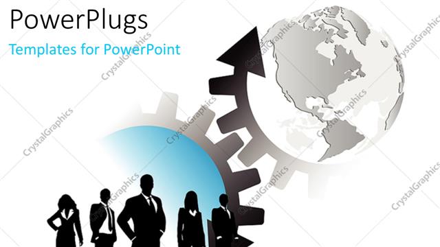  Presentation with business women - A silhouette of business men and women standing beside some gears and a globe