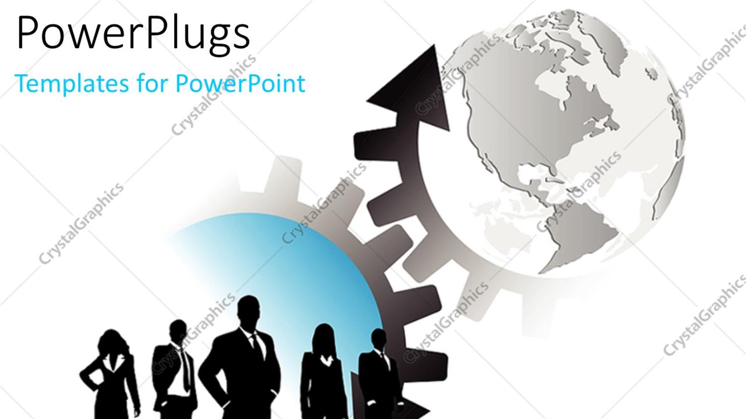 Featuring a Silhouette of Business Men and woMen Standing Beside some Gears and a Globe