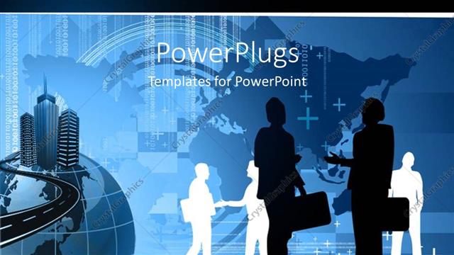  Presentation with business people silhouette - Silhouette of business people interacting with world map in background