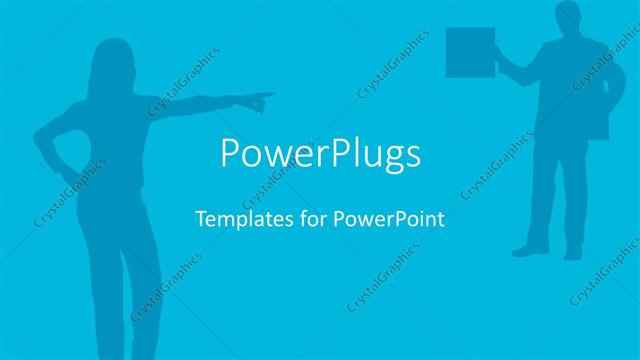  Presentation with corporate - Silhouette of business woman pointing at man holding briefcase on blue background?