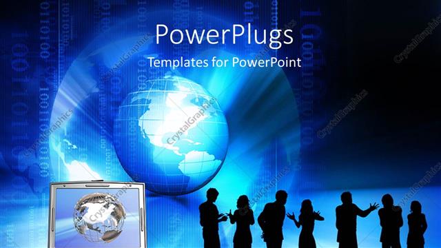  Presentation with laptop - Silhouette of interacting people with laptop over earth globe