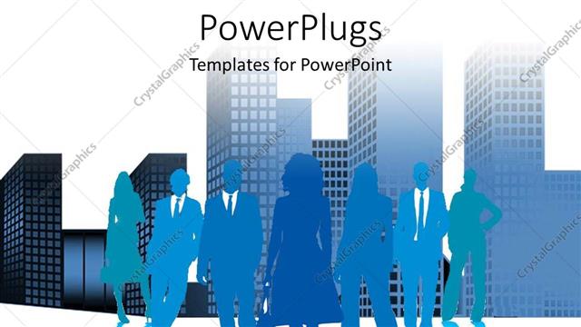  Presentation with business people silhouette - A silhouette of lots of business people with a city landscape