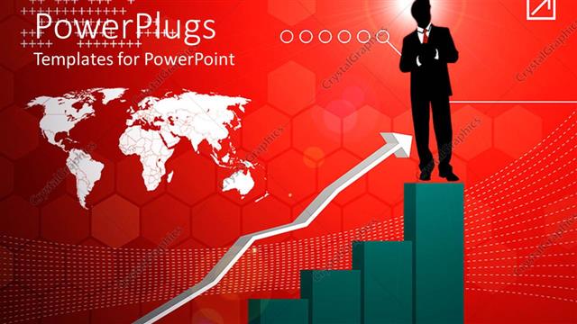  Presentation with growth chart - Silhouette of man in business suit stands on end of bar chart showing upward growth