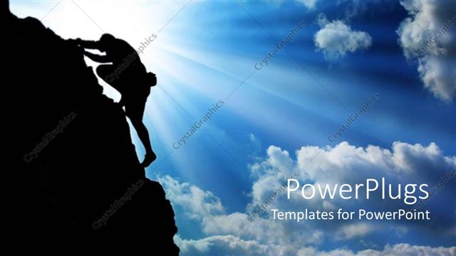  Presentation with climbing - Silhouette of man climbing up a mountain with bright glow in blue sky
