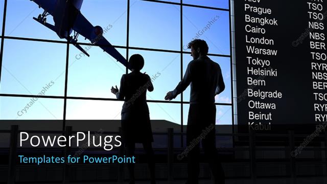  Presentation with departure - Silhouette of people with airplane in sky and departure information?