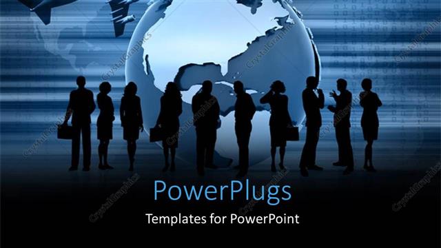  Presentation with business people silhouette - Silhouette of people discussing beside globe with airplane and WWW sign