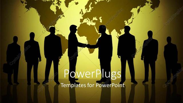  Presentation with organization - Silhouette of people with handshake over glowing world map