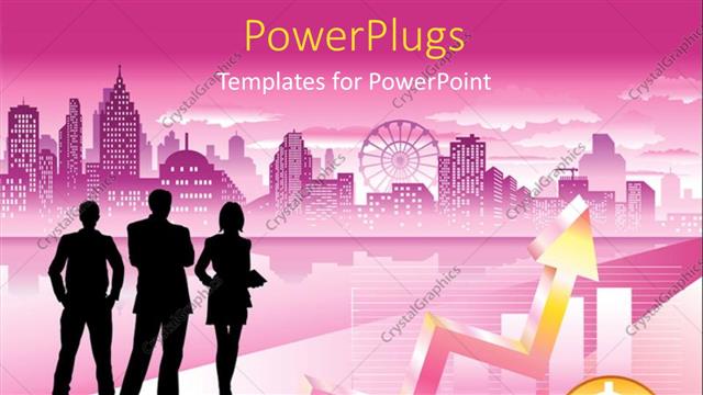  Presentation with city silhouette - Silhouette of people over pink themed urban city with graphs and charts