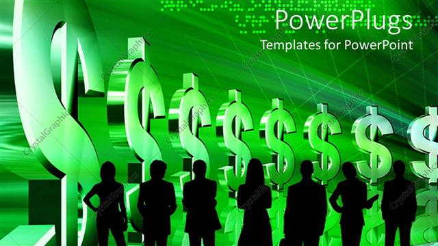  Presentation with dollar signs - Silhouette of people posing before large 3D dollar signs