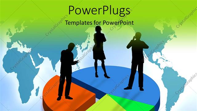  Presentation with business people silhouette - Silhouette of people standing on colored pie chart over world map