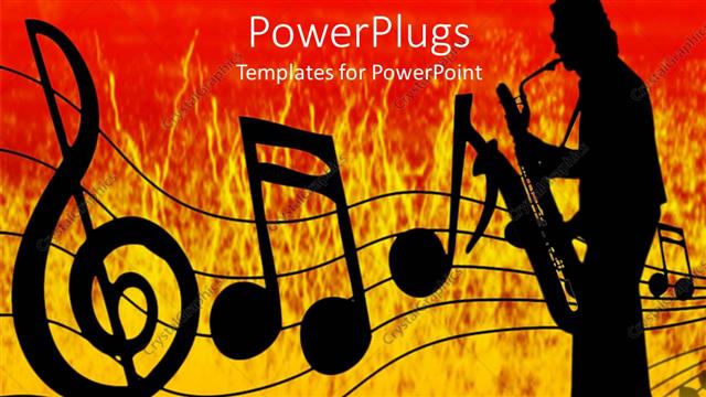  Presentation with music notes - Silhouette playing saxophone with black music notes on orange and red surface