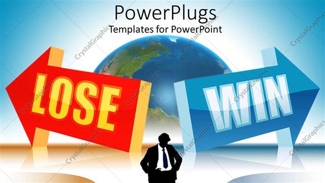  Presentation with win win - Silhouette of thinking business man standing in the middle of two arrows red arrow with lose word and blue arrow with win word with globe in the background