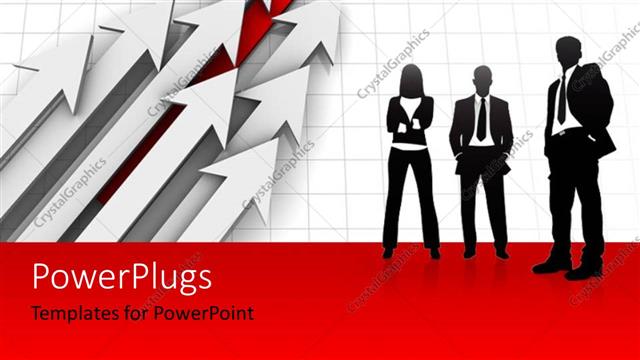  Presentation with business leaders - A silhouette of three business people standing beside some white and red arrows